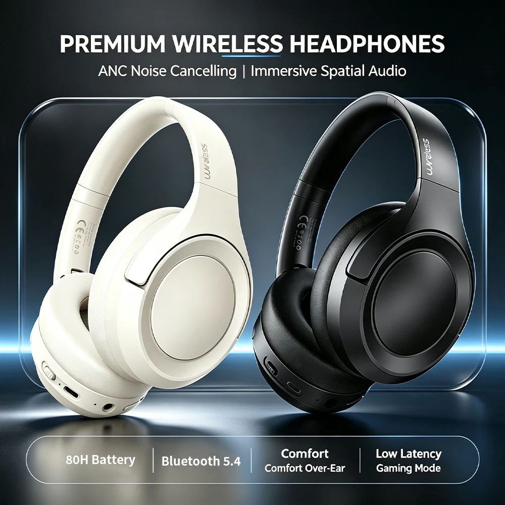 Wireless ANC Noise Reduction Headphones Immersive Sound 80H Battery Life Bluetooth 5.4 Gaming Low Latency Mode