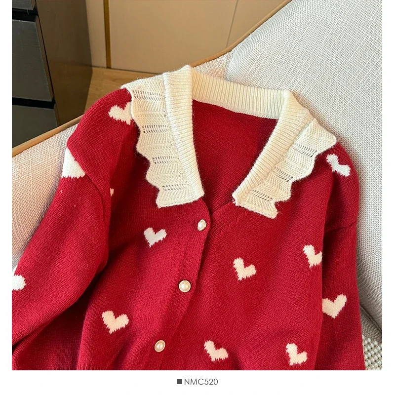 DAYIFUN Christmas Red Knitted Cardigan Women's Contrasted Color Love Ladies Long Sleeved Sweater Coat Autumn Daily Versatile Top