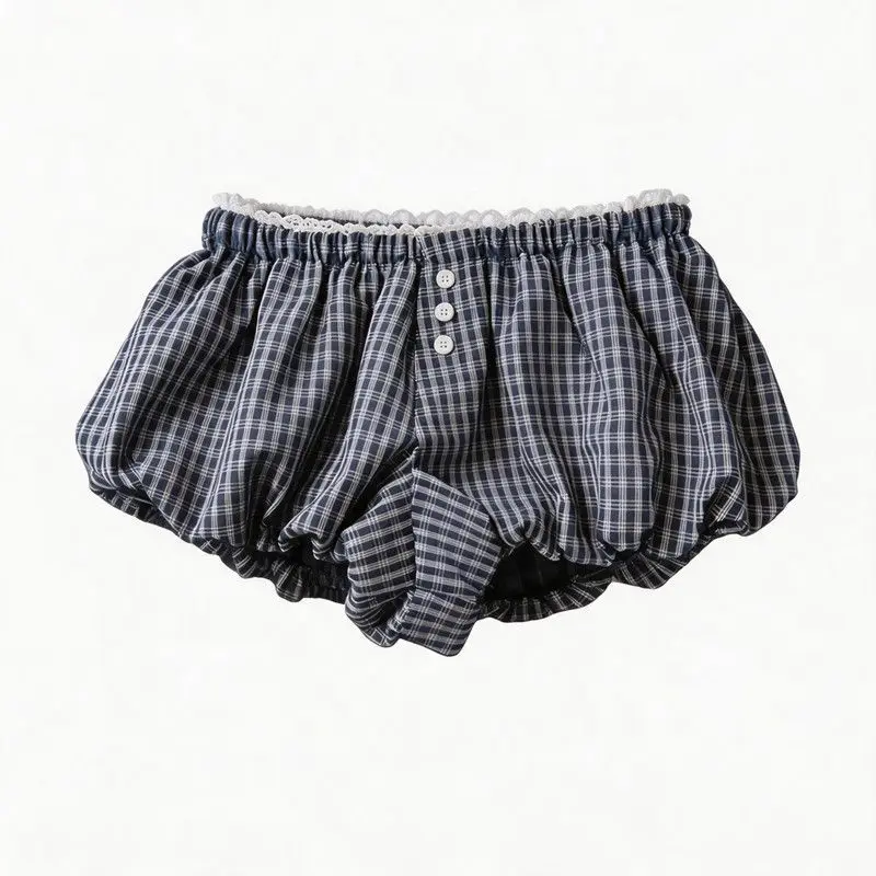 Chic Sweet Womens Plaid Bubble Shorts Elastic Waist Bloomer Shorts Casual Short Pants Summer Streetwear JK Korean Fashion Campus