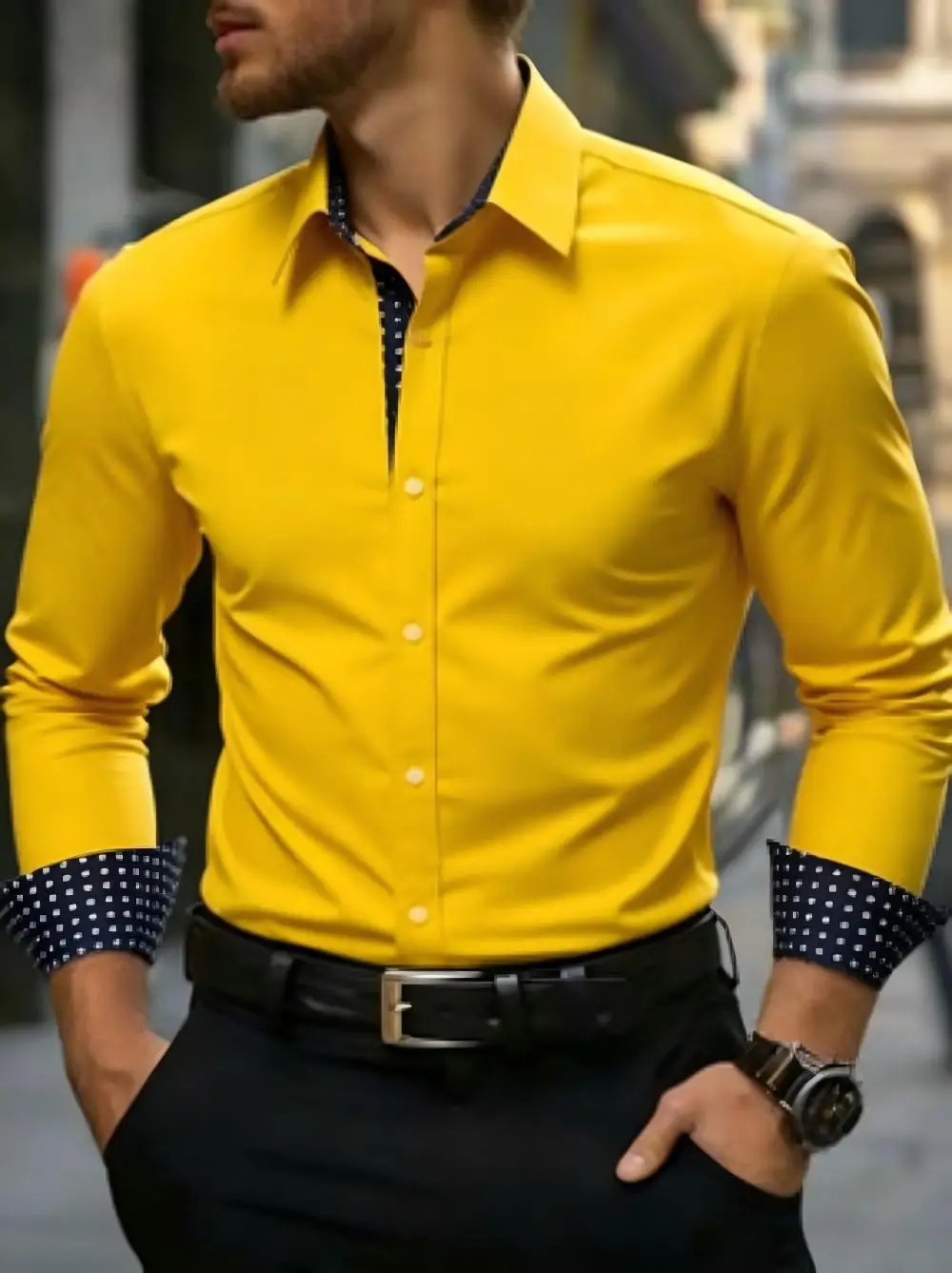 New Men's Color Blocked Polka Dot Lined Long Sleeved Shirt with Button Down Collar, Business Casual Shirt, Fashionable and Elega