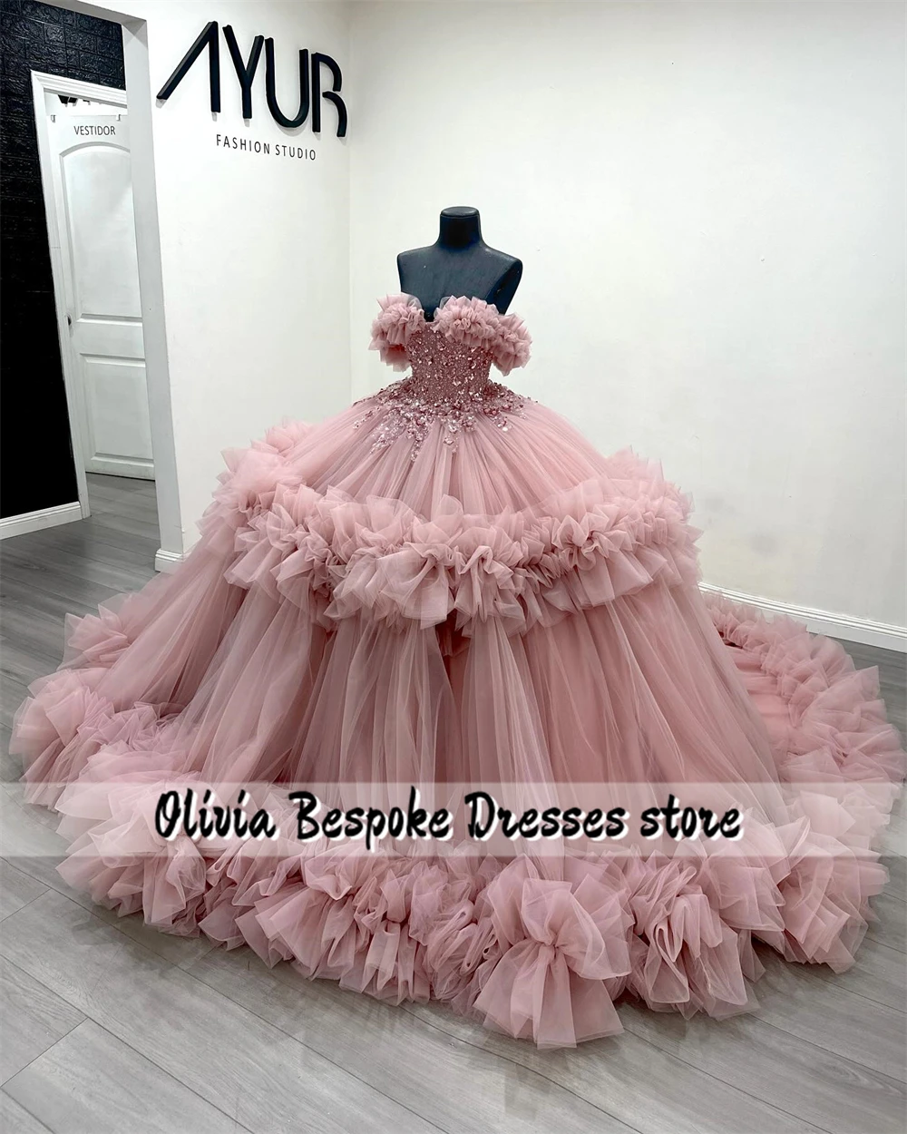 Blush Pink Beaded Lace Appliques 15 Years Quinceanera Dresses 2024 Ruched Train Ball Gown Mexico Cinderella Dress Customized