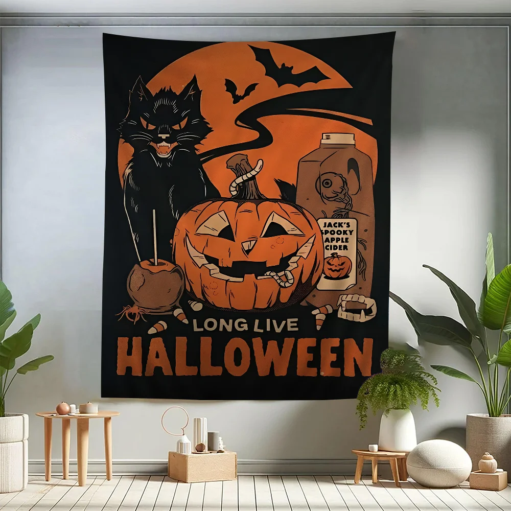 VIKAMA Halloween Fright Wandteppich Orange und Schwarzes Schloss Spooky Bar Magic Black Cat Escape Room Tapete Partydekoration