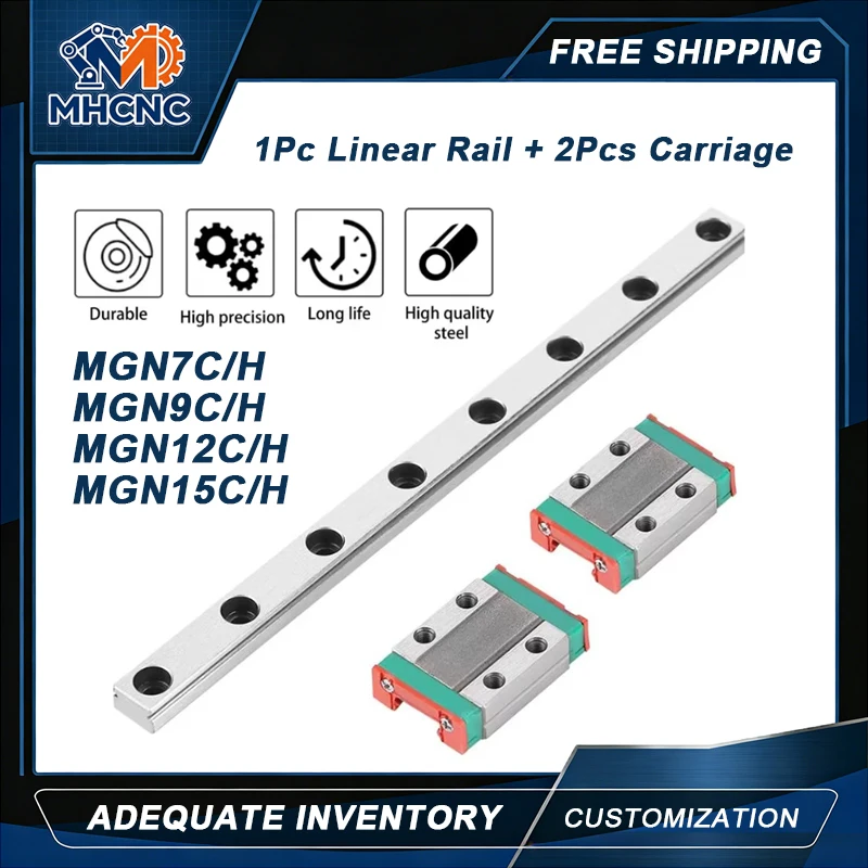 MHCNC 1Pc MGN7 MGN9 MGN12 MGN15 Miniature Linear Rail 200-1000mm + 2Pcs Carriage 3D Printer CNC Parts