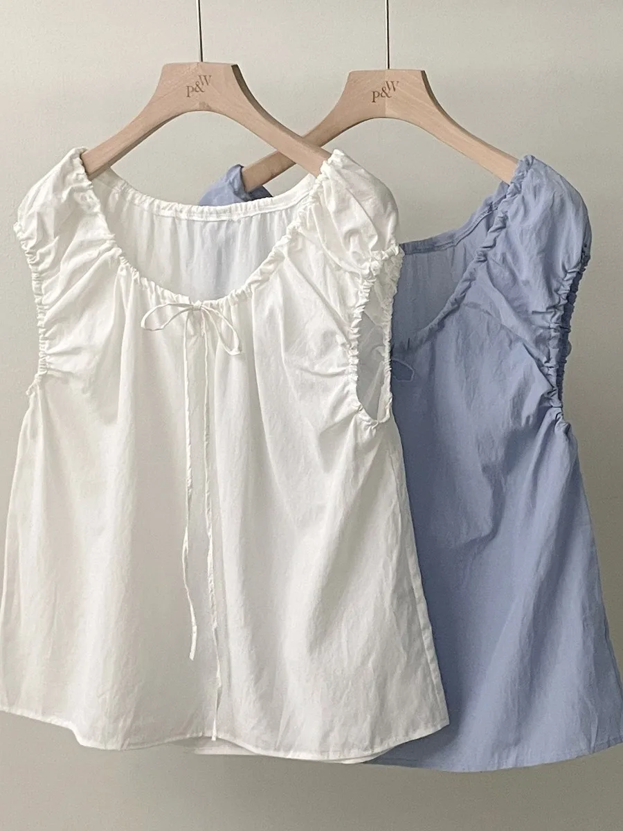 

Summer Sle Women's Blouse Fre Design Blue Small irt White Tie Knot Ele Age-Defng Cotton Blend Faionable Top