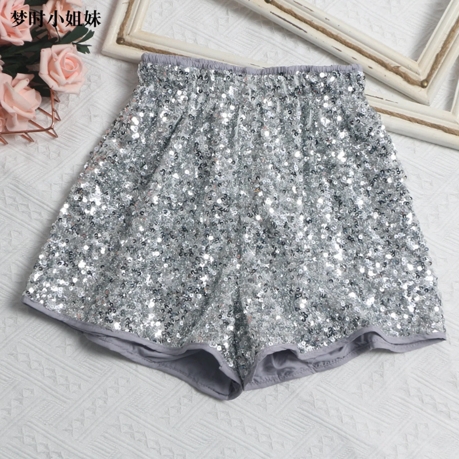 Sexy Women's Sequins Shorts Fashionable Casual Sliver Black White Shiny Shorts High Waist Wide Leg Elastic Waist Short Pants