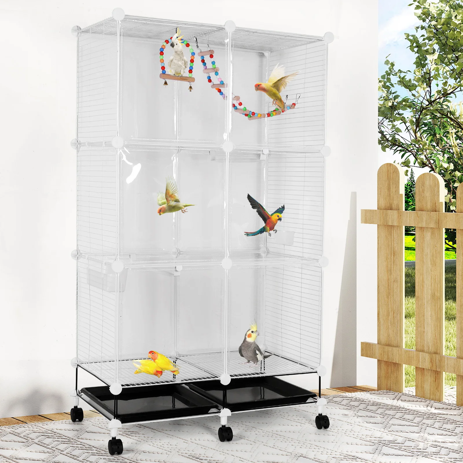 Oversized Bird Cage with Rolling Stand Swing Ladder Anti-Clogging Feet Splash-Proof Luxury Villa for Parrot Cockatiel Myna Finch