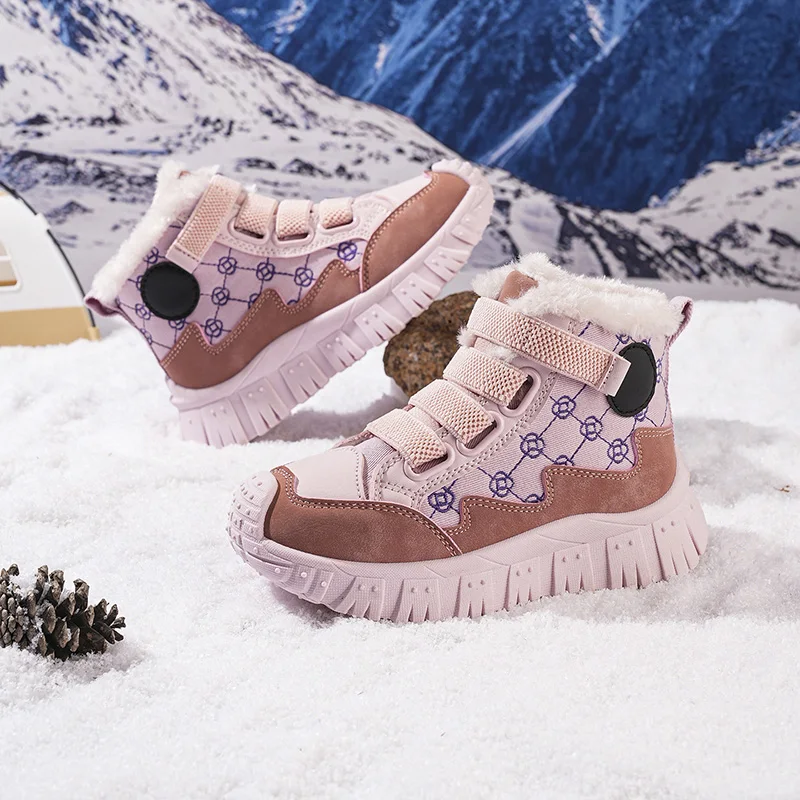 Zapatillas altas de terciopelo para invierno, botas de nieve rosas para niñas y niños, botas cálidas de algodón de felpa, zapatos de senderismo con plataforma para exteriores para niños