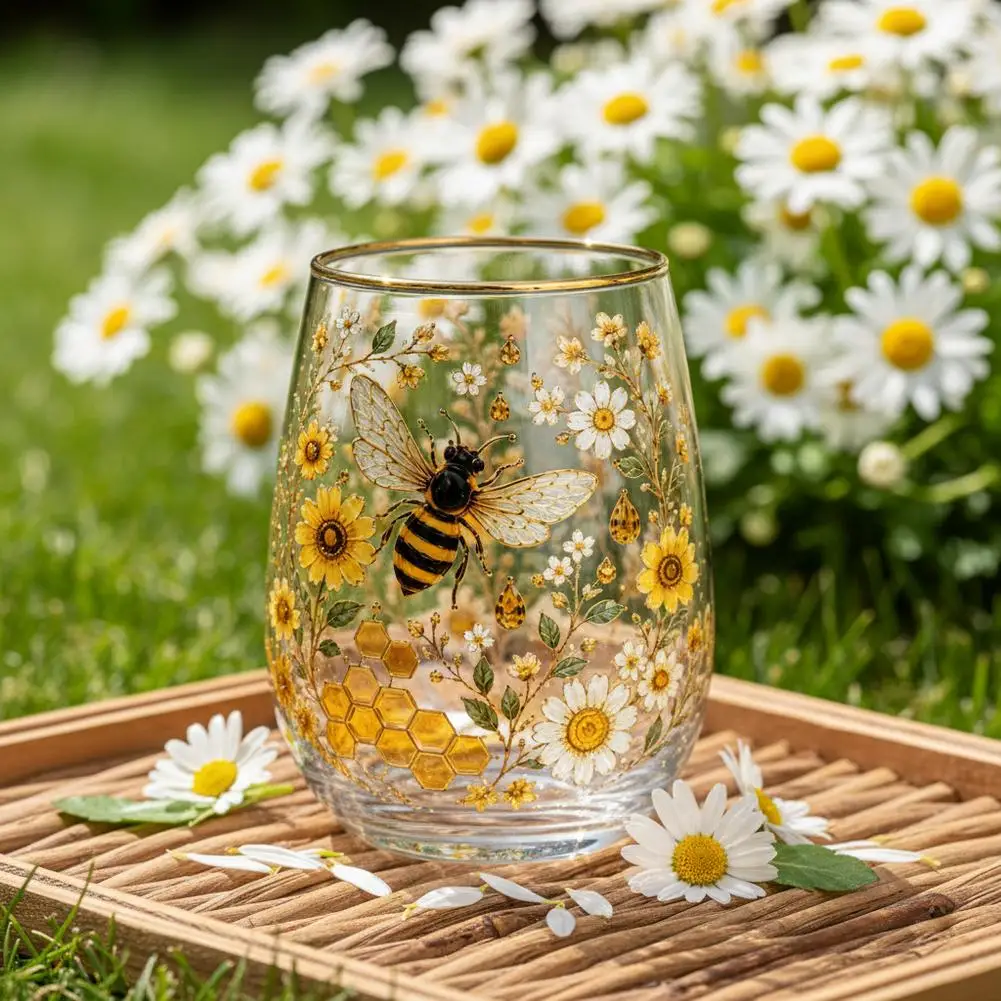 Hummingbird Bee Flora Glass Cup, Cute Hummingbird Glass Cup, Colorful Flower Bird Drinkware, Glass Tea Cups