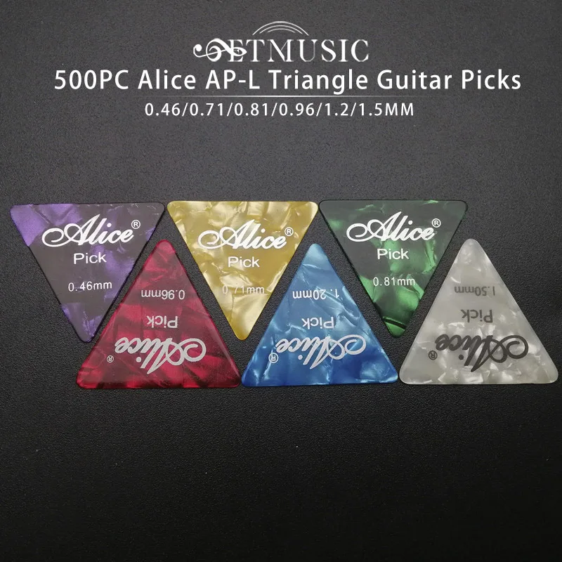 

500Pcs/lot Alice AP-L Mix Color Celluloid Large Triangle Guitar Picks with Logo Printing 0.46/0.71/0.81/0.96/1.2/1.5MM