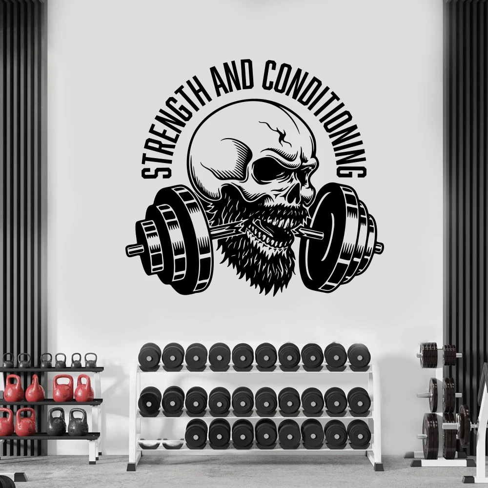 Strenght and Conditioning Skull Gym Wall Sticker Motivation Fitness Train Workout Crossfit Sport Vinyl Home Decor