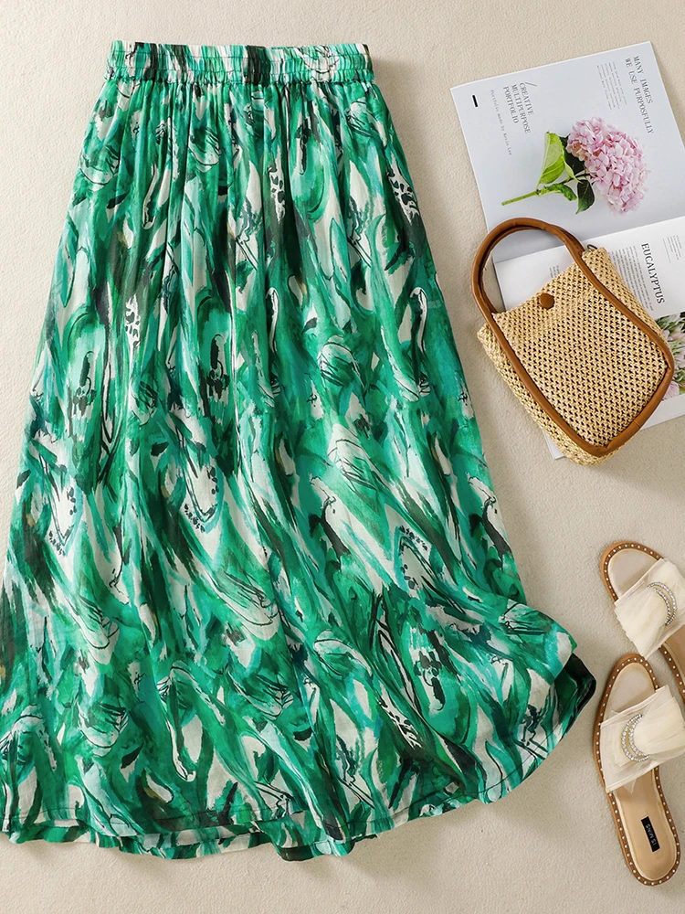 Retro Countryside Floral Print Cotton Lin A-Line Skirt Women's Summer Fashionable Elastic Waist Slimming Long Skirt