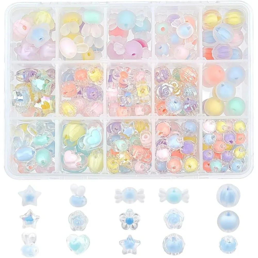 210Pcs 15 Style Acrylic Candy Bow Bead Star Shape Colorful Beads Rabbit Star Round Shaped Acrylic Charm Beads for Chain Bracelet