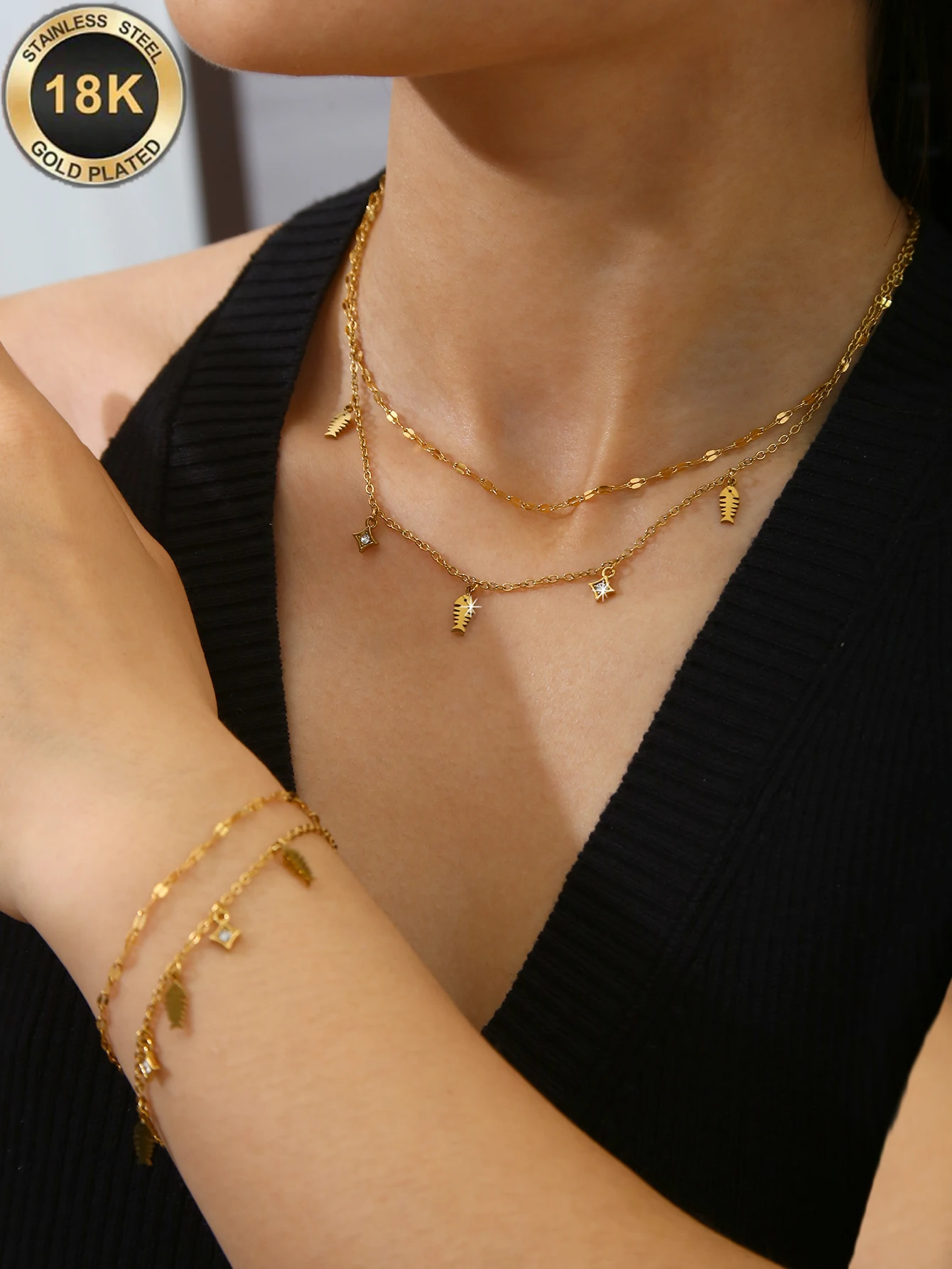 1PC Niche Literary Playful Ocean Vacation Style Women Jewelry,18K Gold Plated Stainless Steel Fishbone Pendant Necklace&Bracelet