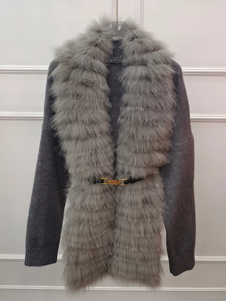 Women Real Fox Fur Collar Knitting Sweater Coat Lady\'s Fashion Fur Loose Oversize Sweater Length 65cm