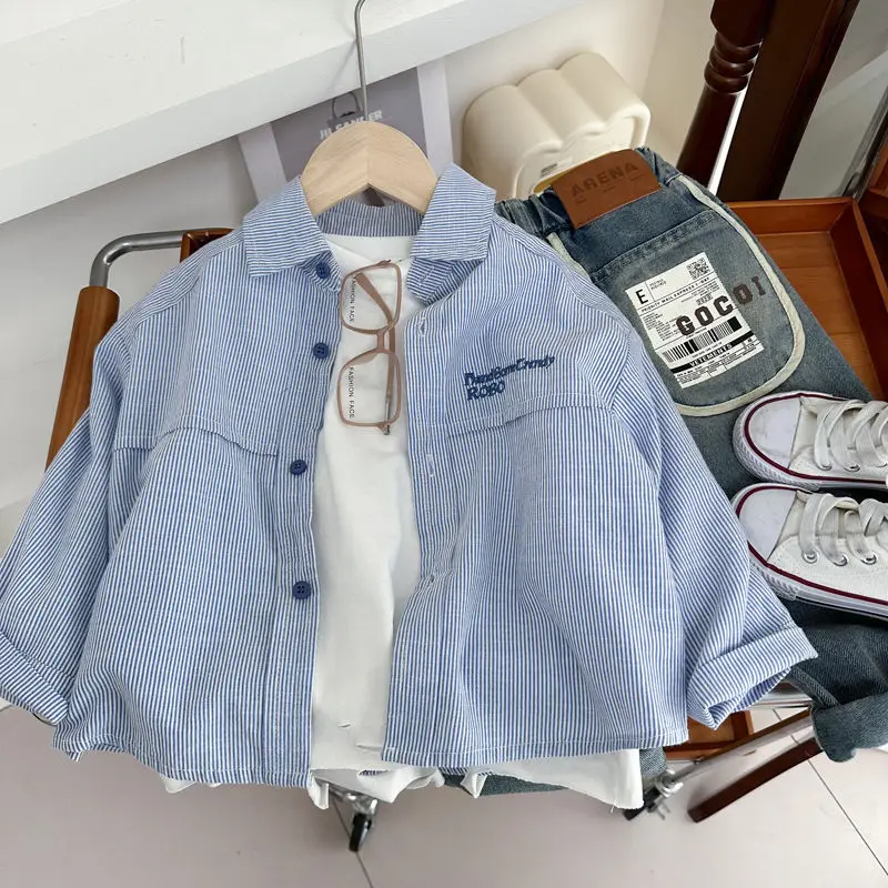 

2025 New Spring autumn Baby Girls boys Cotton soild pocket Stripes T shirts coat Cute Children kids Clothes