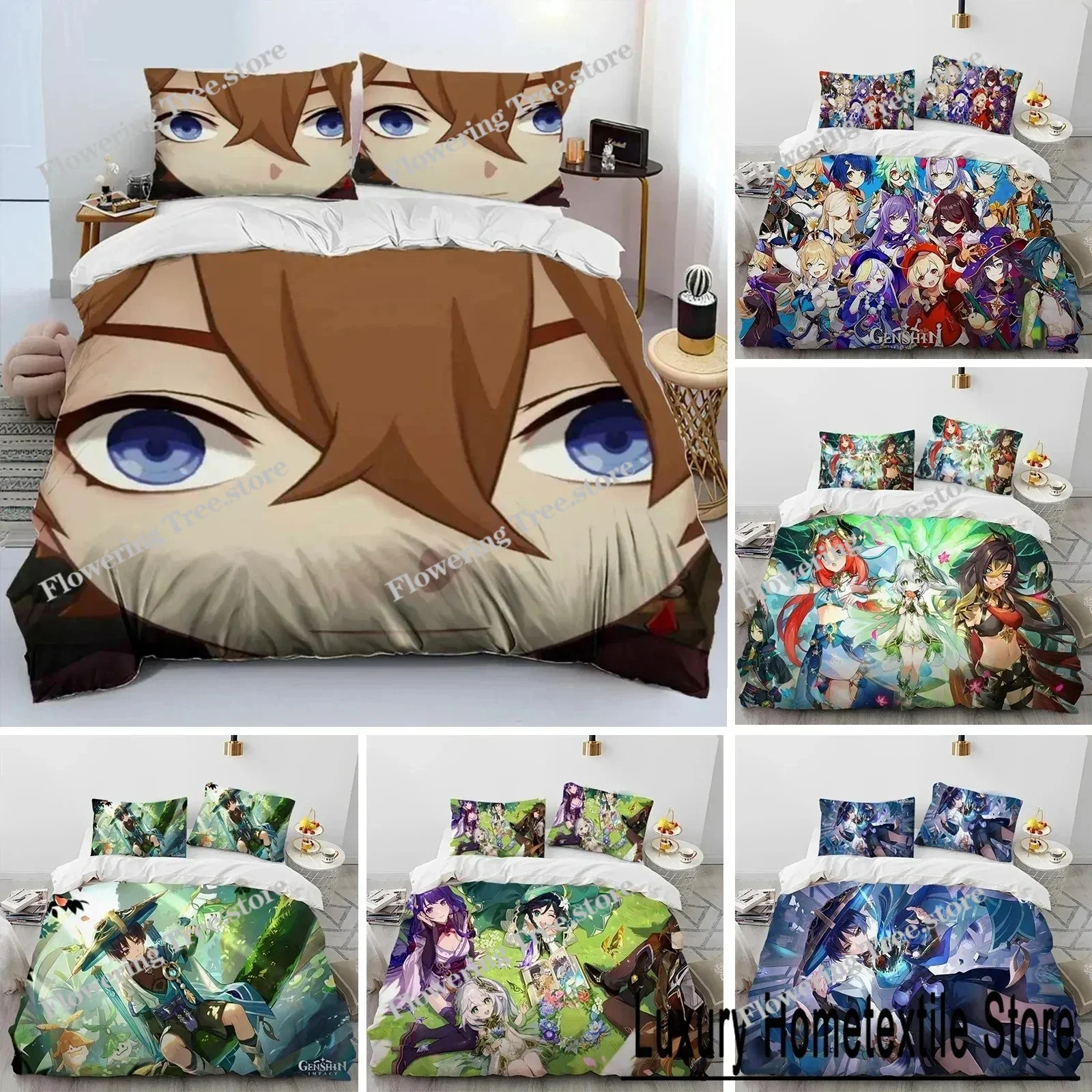 

Anime Genshin Impact Game Bedding Set Boys Girls Twin Queen Size Duvet Cover Pillowcase Bed Kids Adult Home Textileextile