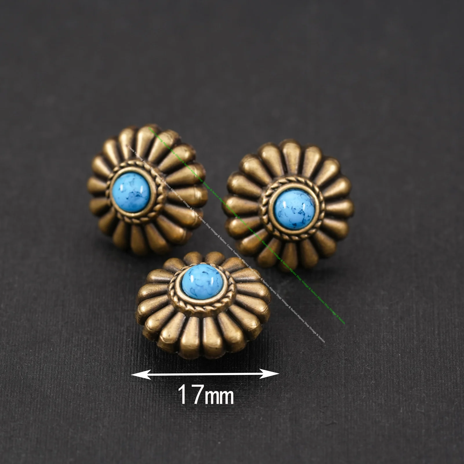 10PC 16MM FLORAL WESTERN TURQUOISE ANTIQUE BRASS SCREW BACK SADDLE DECOR BUTTONS SCREWBACK