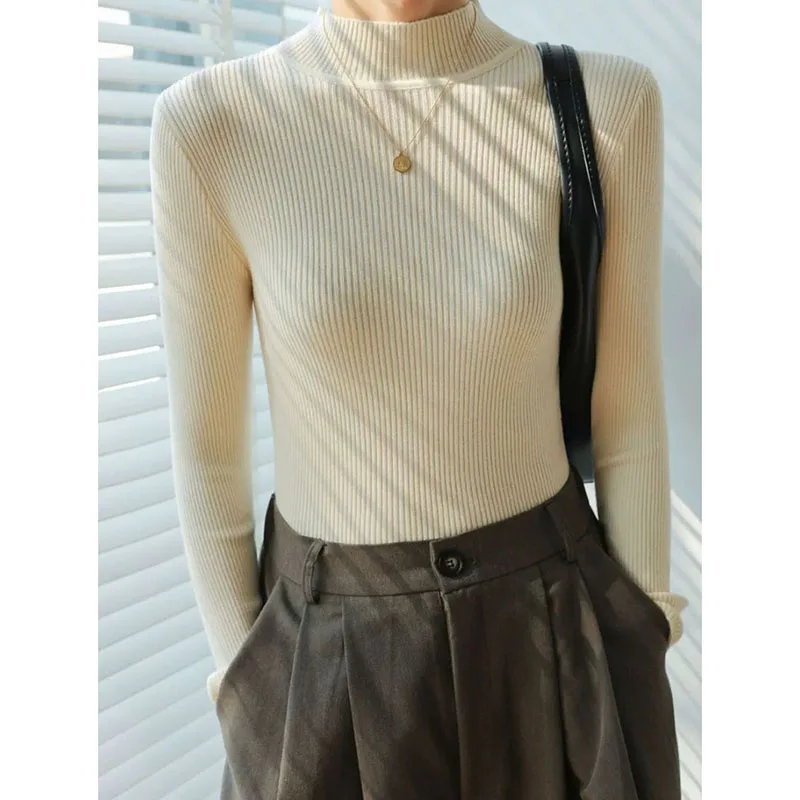 

2026 New Half-high Collar Knit Sweater Women Korean Slim Soft Elastic Bottom Basic Jumpers Office Lady Solid Pullover Sweaters