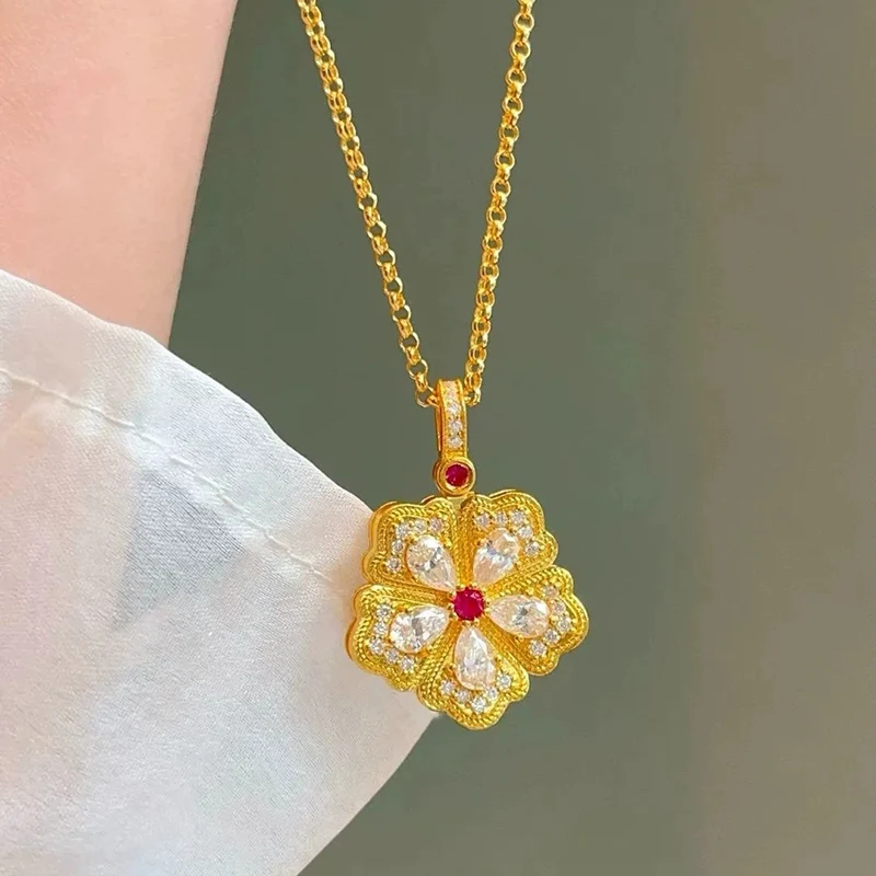 

Vintage Red Crystal Flower Necklace Luxury and High-end Studded Zircon Flower Necklaces for Women Gold Color Collarbone Chain