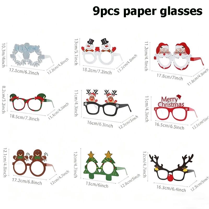 9 Uds. De gafas navideñas de Papá Noel, muñeco de nieve, hombre de jengibre, alce, árbol de Navidad, gafas de papel, accesorios para fotomatón de Feliz Navidad