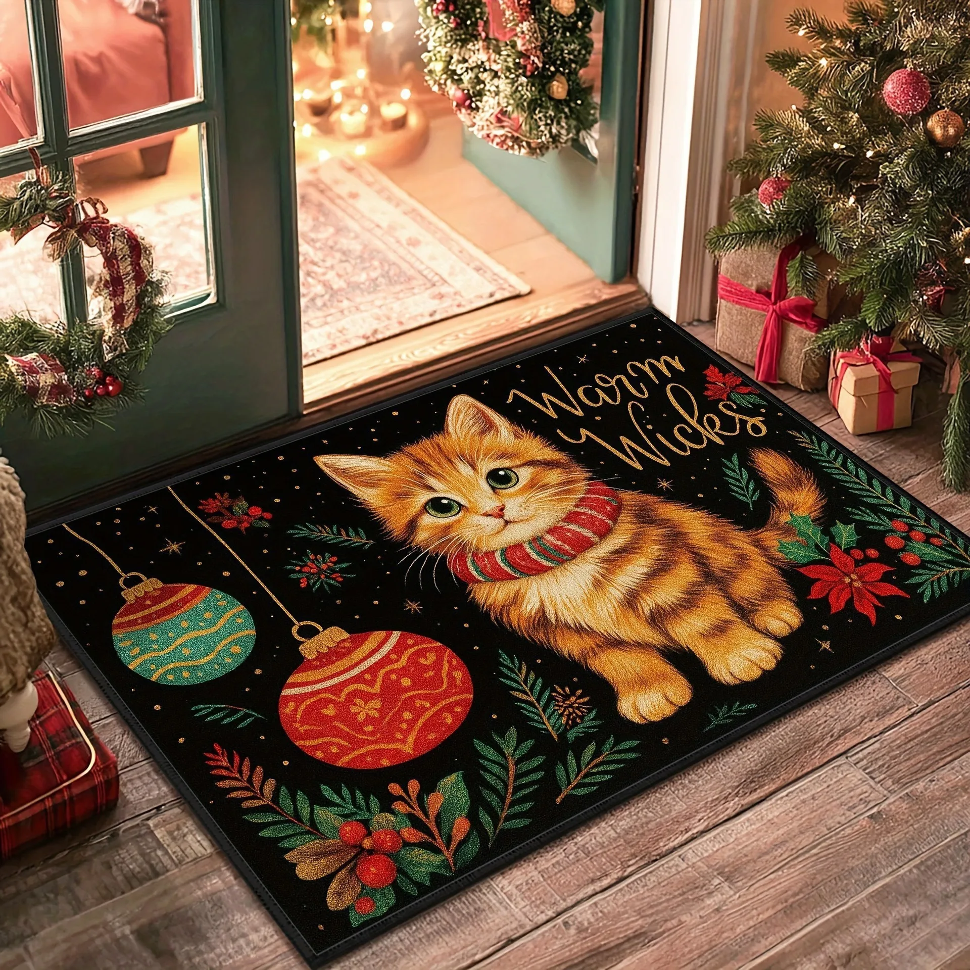 VIKAMA Warm Wishes Christmas Cat Rug, Orange Kitten Small Square Doormat, Soft Fluffy Non Slip Xmas Mat for Entryway Living Room