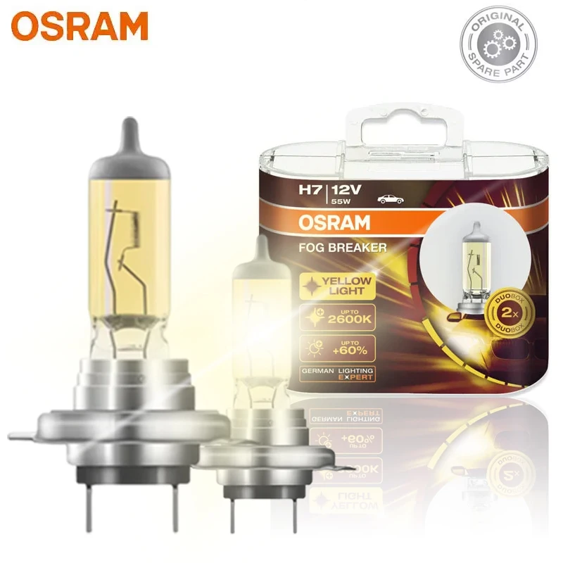 OSRAM H7 Halogen Fog Breaker 12V 55W Car Original Headlight Yellow 2600K Bulbs +60% Brighter Genuine Auto Lamps 62210FBR, 1 Pair