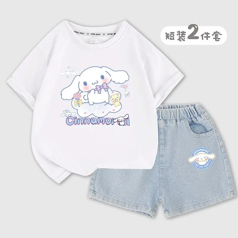 Sanrioed Cinnamoroll-pantalones cortos de manga corta para niño y niña, Camiseta de algodón con dibujos animados, pantalones cortos Vaqueros, traje informal de moda para verano