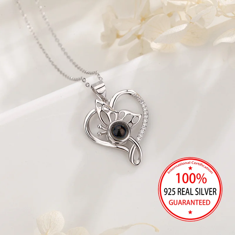 925 Sterling Silver Custom Color Picture Projection Heart Butterfly Pendant Necklace Valentine Day Surprise Gift For Girlfriend