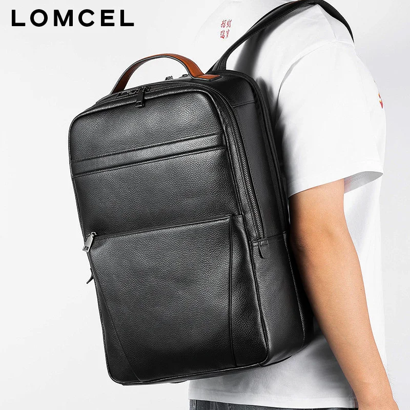LOMCEL men's genuine leather double-shoulder bag large capacity, multi-functional, suitable for business travel, 16-inch