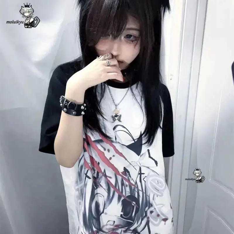 

2026 Japanese Fairy Harajuku Grunge Tops Y2K Aesthetic Casual T-Shirt Women Gothic Anime Cartoon Print Loose Graphic T Shirts