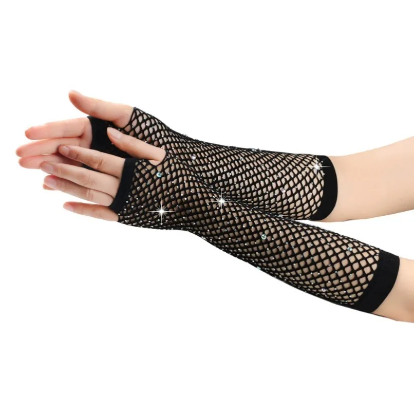 

Goth Long Gloves Women Fishnet Shiny Rhinestone Fingerless Leg Arm Cuff Party Wear Fancy Sexy Girls Punk Dance Mesh Gloves Black