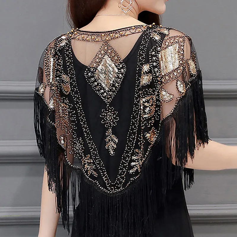 Bling Tassels Blouse Shirt Women Summer Sequin Casual Tops Evening Shawl Wraps Mujer Poncho Shirt Party Club Clothing