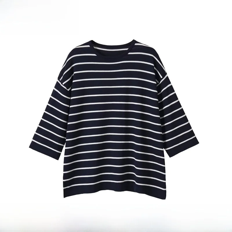Early Autumn New Women's Fashion round Neck Thin Needle Stripe Knitted Top Polyester Short Sleeve Loose Fit Regular Length