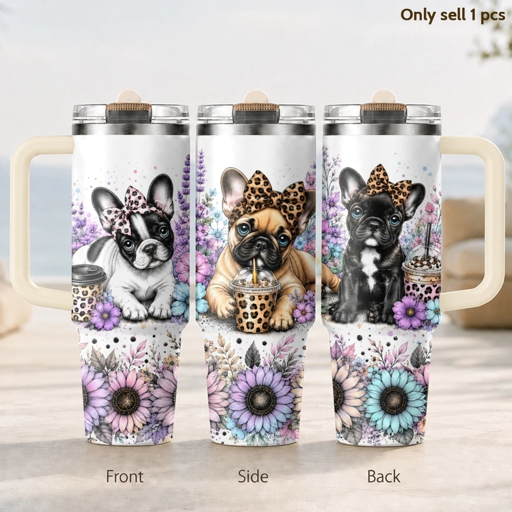 Frenchie and Flowers Vacuum Flasks 40oz 3rd Gen Vacuum Insulated Stainless Steel Tumbler Cup with Handle Straw Lid