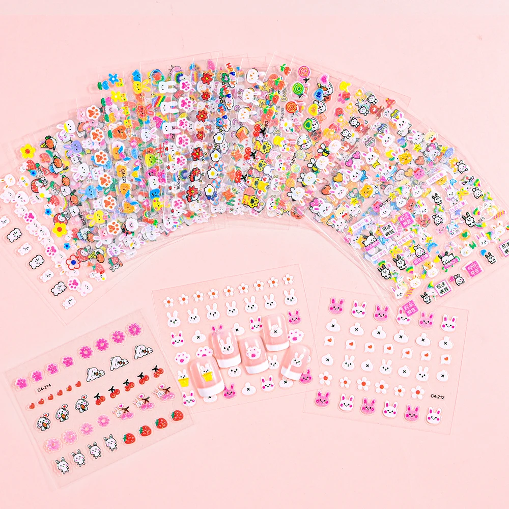 30pcs/set 3D Kawaii Cartoon Rabbit Glitter Nail Stickers Bow Flowers Sliders Self Adhesive Cute Cartoon Nail Decals for Children