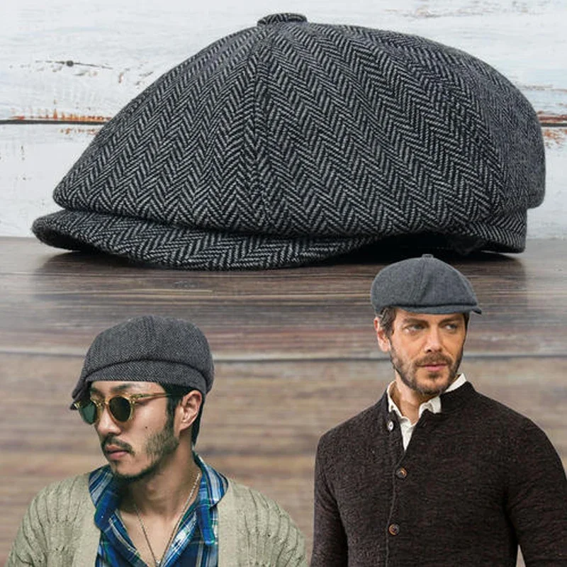 Retro  Caps Men Octagonal Hats British Painters Hats Autumn Winter Berets Herringbone Flat Caps Hip Hop Berets Gorras