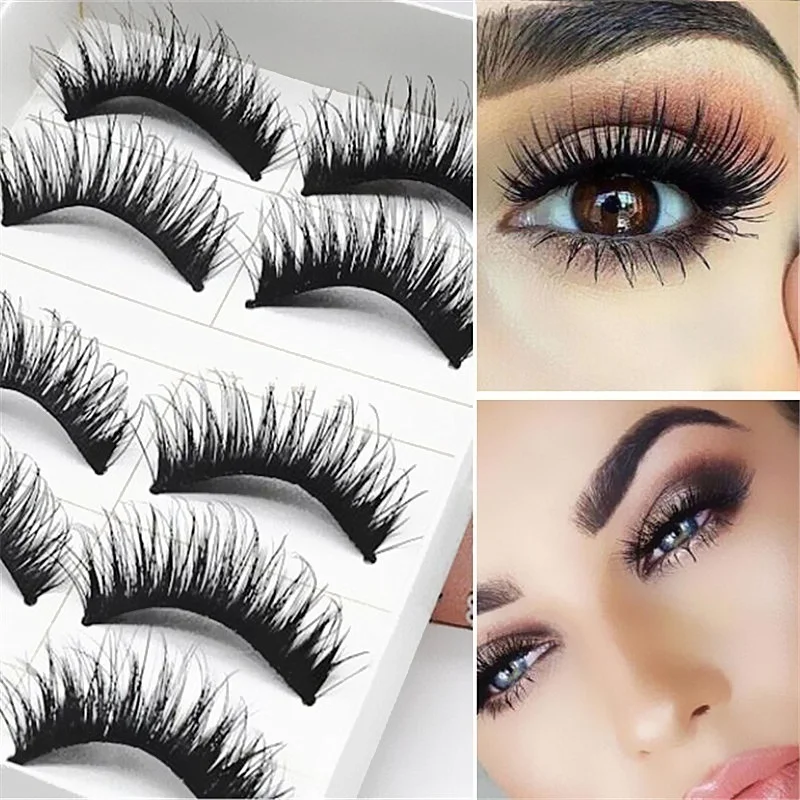 5 คู่/ชุด ขนตาปลอมทำมือ ขนตาปลอมธรรมชาติ ยาว หนา นุ่ม เหมือนจริง 3 มิติ อุปกรณ์แต่งหน้า