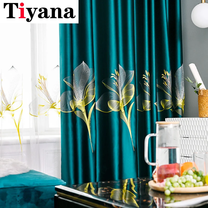 Nordic Green Blue Lily 3D Embroidery Sheer Tulle Curtain Bedroom Window Blackout Curtains For Living Room Balcony Drapes Cortina