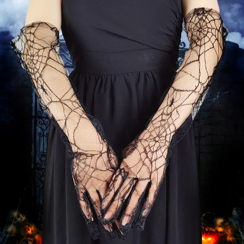 

Halloween Ultra-Thin Full Finger Sheer Lace Gloves Arm Sleeves Arm Cover Spider Web Anti-UV Halloween Cosplay Sunscreen