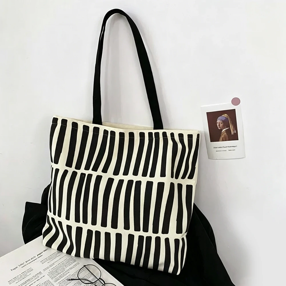 Gestreifte Canvas-Umhängetasche mit großem Fassungsvermögen, leicht, mit mehreren Fächern, Reißverschluss, kann als Laptoptasche, Einkaufstasche, Reisetasche verwendet werden, multifunktional und lässig – Detail 6