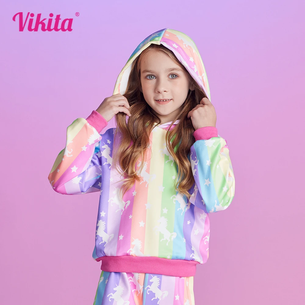 VIKITA Kids Unicorn Hoodies Girls Cotton Hooded Autumn Winter Outfit Girls Rainbow Print Colorful Sweatshirt Children Clothing