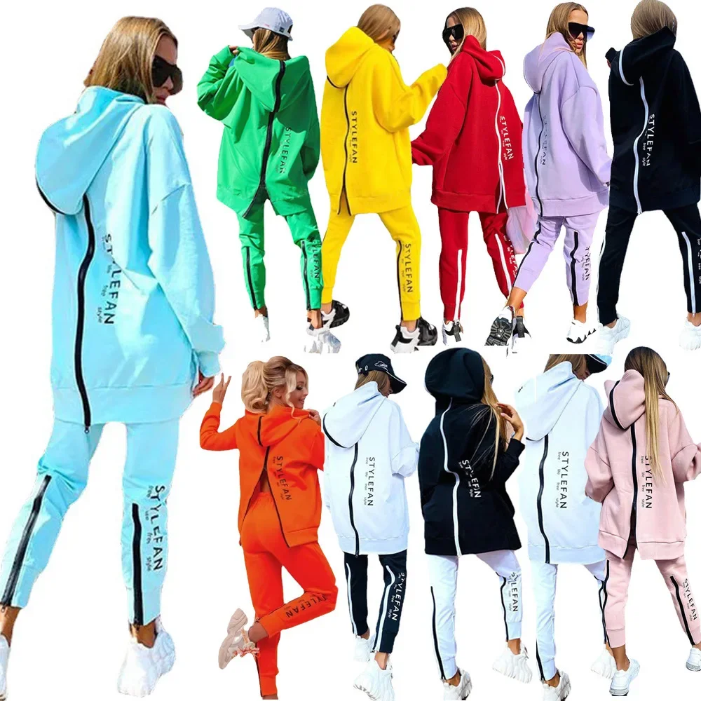 2022 Fashion Women's 22-piece Suit Long Zipper Front And Back With Letter Printing Loose Long Sweater + Trousers Suit