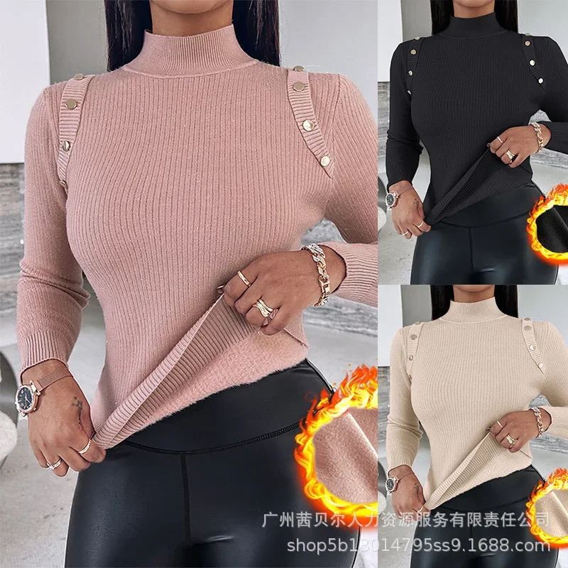 Women High Neck Knit Sweater Fleece Lined Front Button Basic Layering Soft Thermal Top Jumper