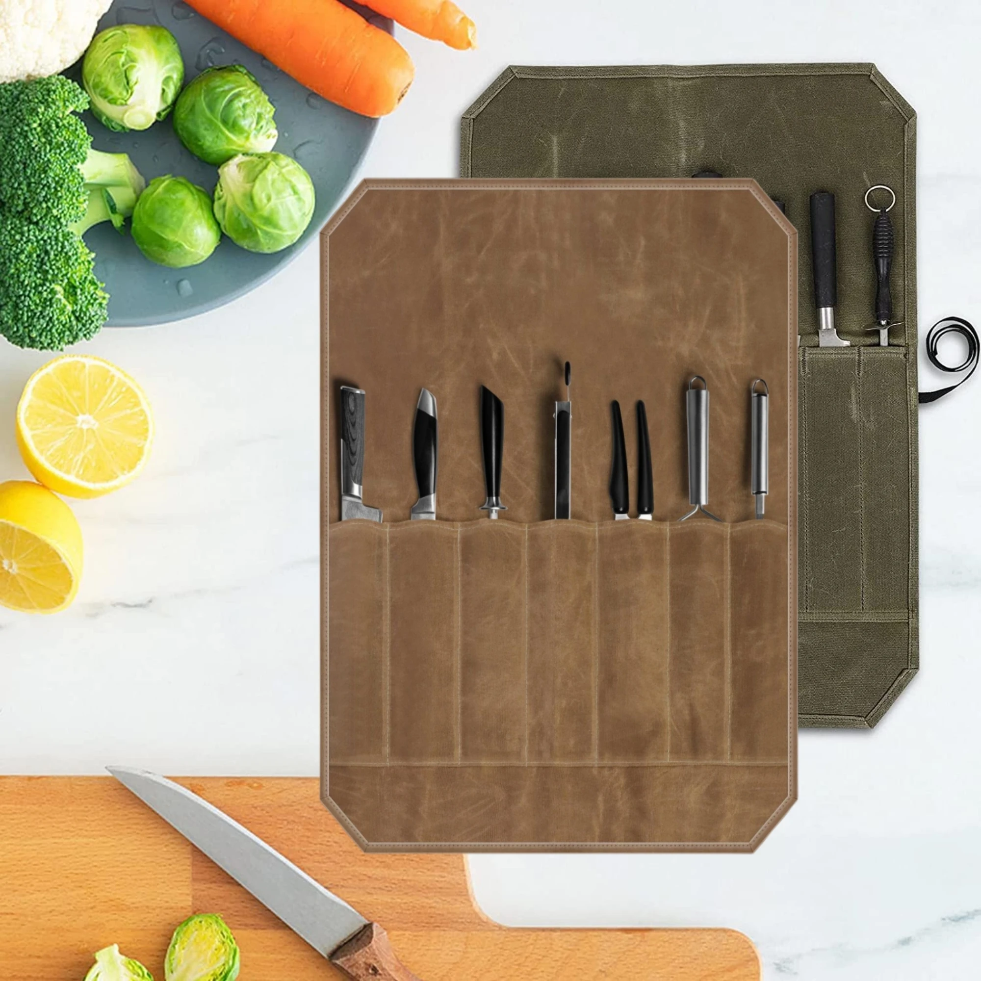 Tragbare Kochmesserbox Kochmesser-Rolltasche Messer-Rolltasche mit Küchenutensilien Leichtgewichtige Nasswachs-Leinwand