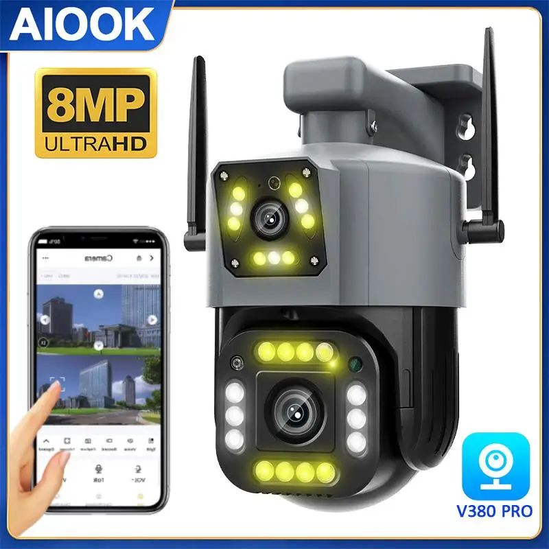 

AIOOK Outdoor Security Camera HD 8MP 4K Dual Lens WIFI Camera Full Colour Night Vision IP66 Waterproof Two Way Intercom IP CCTV