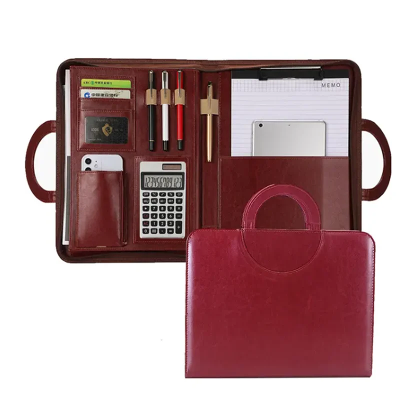 A4 Portfolio Folder Padfolio Women Business Briefcase Folding Handle Leather Zipper Notebook Calculator File Documents Organizer