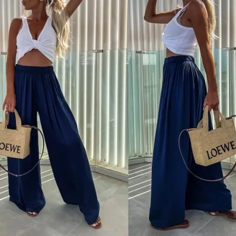 Casual Pants Women Summer Trendy Loose High Waist Solid Color Fashion Wide-leg Pants Commute Elegant Office Lady Party Trousers