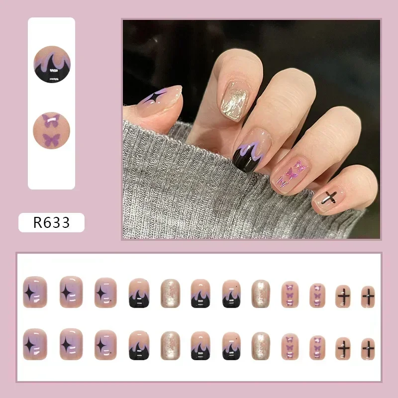 24Pcs/Box Purple Fake Nails Press On  Short Square Head French Tips Nail Set   Nail With 24Pcs Glue Sticker Nail Art