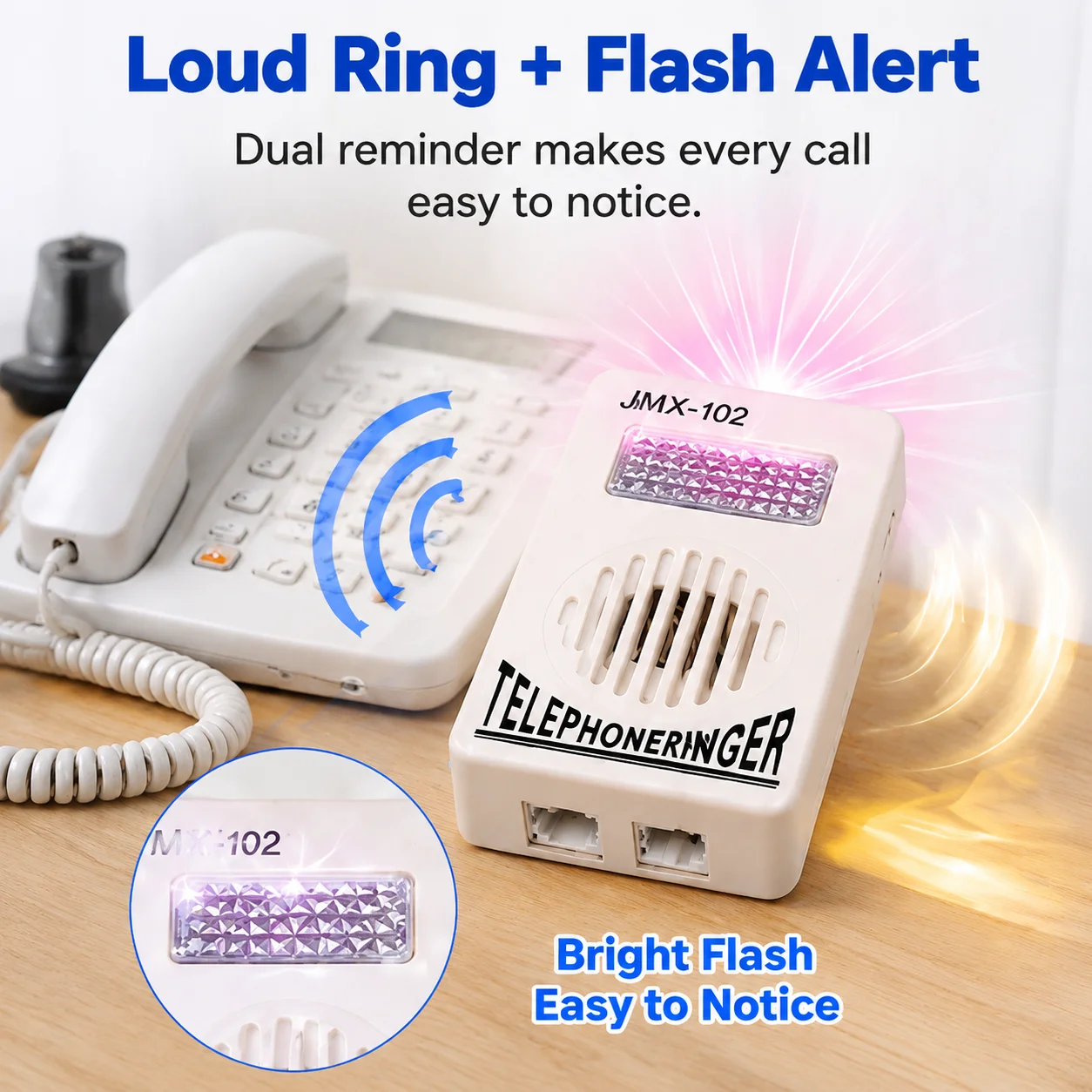 Phone Ring Amplifier Device White No Battery Required Ringer Amplifier with Adjustable Volume for Home Office Landline