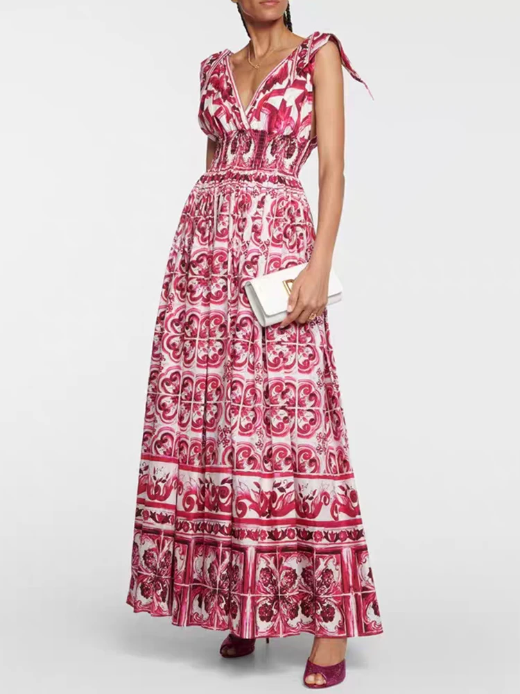 

Retro geometric print sexy deep V-neck elastic high-waisted bow tie halter dress 2025 summer women's loose puffy dress